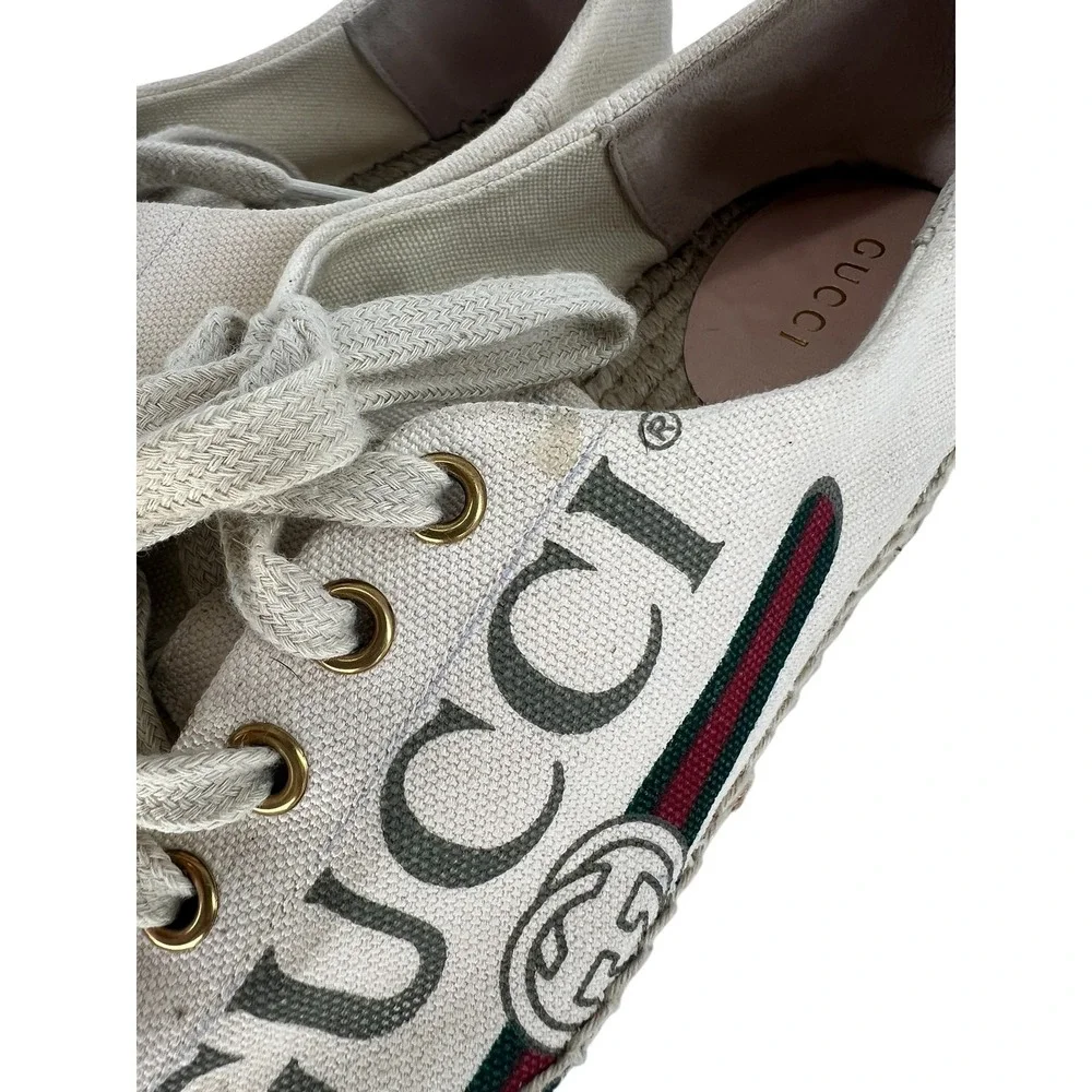 Gucci Cream Canvas Platform Espadrille Sneakers with Red and Green Stripes